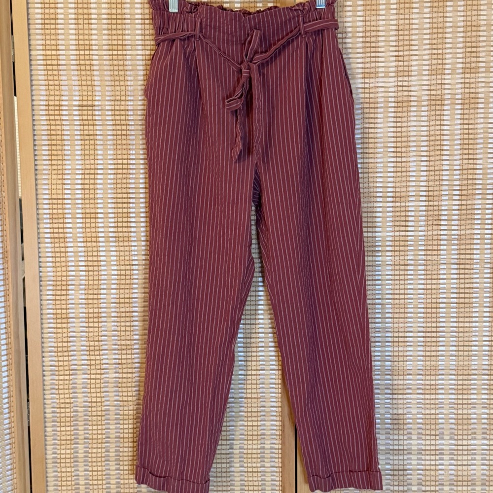 Sierra Sky Womens L‎ Pants Mauve Striped Paperbag Waist Tie Belt Cuffed Boho